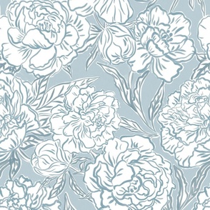 Medium - Painted peonies - Soft dusty blue monochrome - soft coastal - painted floral - artistic light blue painterly floral fabric - spring garden preppy floral - girls summer dress bedding wallpaper