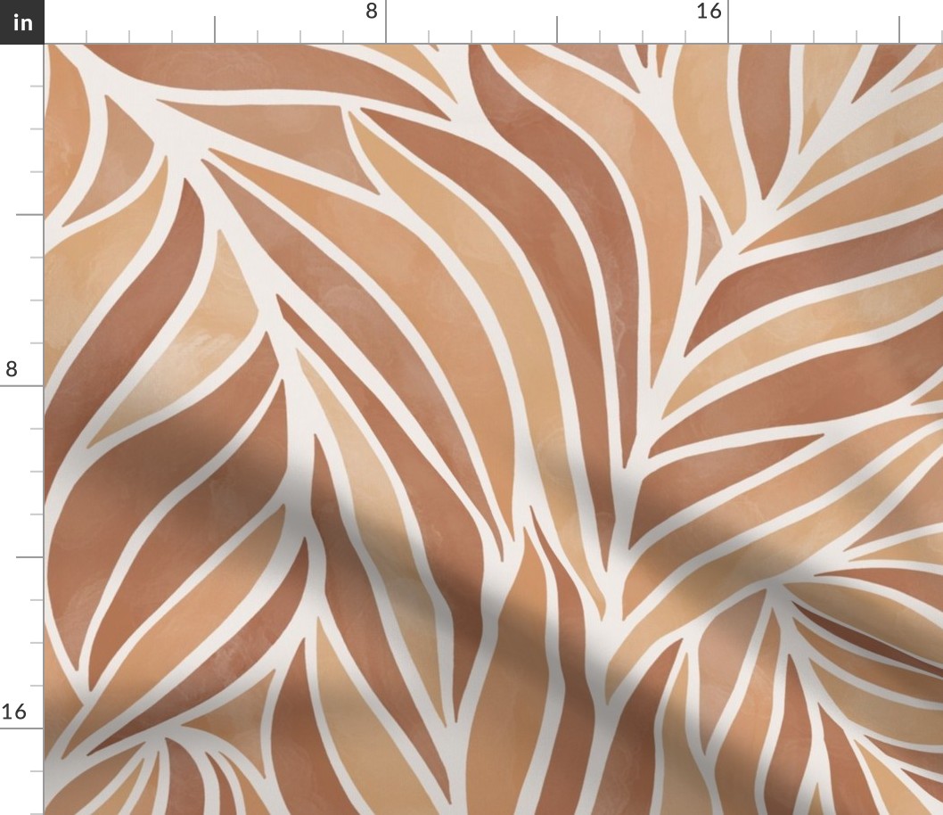 (L) warm minimalist abstract leaves in neutral earthy terracotta, brown and beige