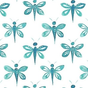 Teal monocolor butterflies. Hand painted watercolor style