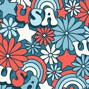 USA, Daisies, and Stars on Teal Blue (Medium Scale)