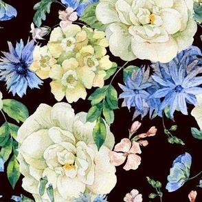 Vintage watercolor white and blue wildflowers