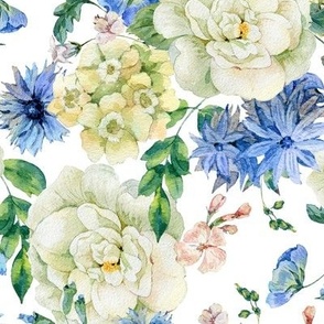 Vintage watercolor white and blue wildflowers