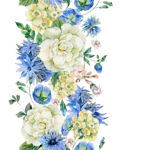 Vintage vertical watercolor white and blue wildflowers