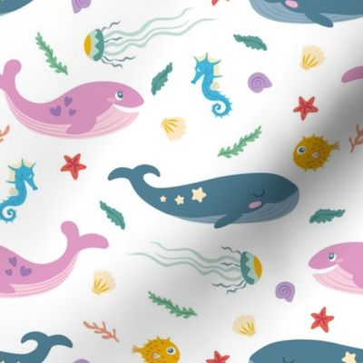 Marine life with whales, white background
