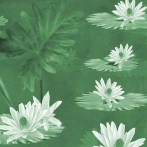 Lush Green Impressionist Contemporary Art Style, Emerald Green and White Grassy Green Floral Lily Pattern, Tranquil Monochrome Lily Pond, LARGE SCALE