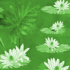 Water Lilies Pond, Vibrant Green Colorful Water Lily Pattern, Tropical Lily Pond in Lush Monochrome Green, Impressionist Monet Style Lily Pond Floral, Green Palm Leaves Pond Landscape, Botanical Floral Lily Pads, Emerald Green Monochrome Painting, LARGE