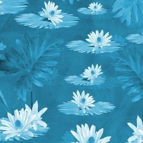 Simple Elegant Azure Sky Blue Modern Painterly Floral, Garden Lily Pond Flower Painting, Impressionist Style Water Lily Flowers, Blue Monochrome Lilies, MEDIUM SCALE