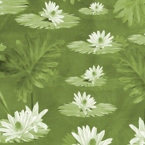 Painterly Floral Tropical Lily Leaf Pond, Simple Elegant Grassy Green Monochromatic, Impressionist Inspired Water Lily Flowers Garden Pond Painting, Garden Interior Decor Olive Green, MEDIUM SCALE