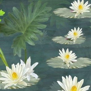 Emerald Green Painterly Floral Garden Lily Pond Painting, Vibrant Contemporary Floral Impressionism Inspired White Water Lilies, Vibrant Green Palm Leaves, LARGE SCALE