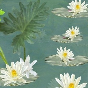 Monet Style Impressionist Lily Flower River Scene, Simple Elegant Aqua & Ochre Art Painting, Floral Painting, French Impressionist River Landscape, Watery Emerald Green Scene, LARGE SCALE