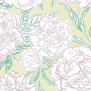 Large - Painted peonies - Pastel Fondant Pink and green on Pale pastel yellow - coastal - painted floral - artistic soft yellow painterly floral fabric - spring garden preppy floral - girls summer dress bedding wallpaper