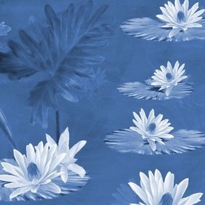 Denim Blue Impressionist Water Lilies, Admiral Blue Botanical Garden Flower Garden, Monet Style Art in Painterly Style, Blue White Monochrome, LARGE SCALE
