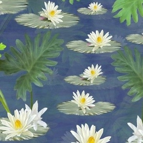 Stone Blue, Aegean Blue Impressionist Floral Landscape Painting, Chartreuse Green Garden Print, Monet Inspired Water Lily, Contemporary Water Lilies Pond, MEDIUM SCALE