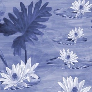 Indigo Blue Contemporary Monochrome Water Lily Flower, Monet Inspired Inky Blue White Floral, Tranquil Calming Decor LARGE SCALE
