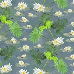 Parakeet Moss Green Watery Lilies Pond Landscape, Floral Sun Kissed Yellow and White Water Lily, Monet Inspired Pond Painting, Serene Emerald Green Garden Pond, Relaxing Blue and Green Palms Leaves, SMALL SCALE