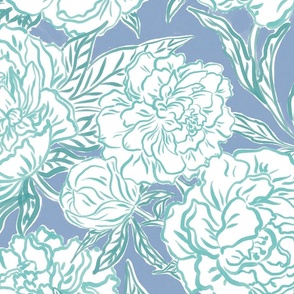 Large - Painted peonies - Teal green on Cornflower blue - coastal - painted floral - artistic blue painterly floral fabric - spring garden preppy floral - girls summer dress bedding wallpaper