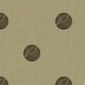 Medium textured polka dots in earthy minimalist style mahogany brown and faux burlap texture on sage green