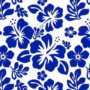 Royal Blue Hawaiian Flowers on White -Small Scale