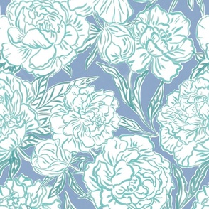 Medium - Painted peonies - Teal green on Cornflower blue - coastal - painted floral - artistic blue painterly floral fabric - spring garden preppy floral - girls summer dress bedding wallpaper