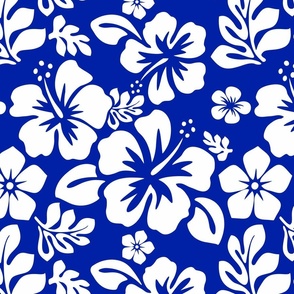 White Hawaiian Flowers on Royal Blue -Small Scale