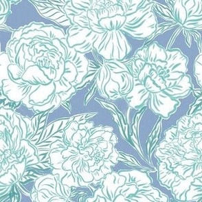 Small - Painted peonies - Teal green on Cornflower blue - coastal - painted floral - artistic blue painterly floral fabric - spring garden preppy floral - girls summer dress bedding wallpaper