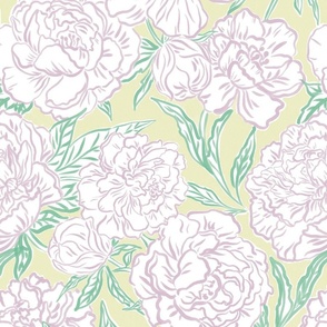 Medium - Painted peonies - Pastel Fondant Pink and green on Pale pastel yellow - coastal - painted floral - artistic soft yellow painterly floral fabric - spring garden preppy floral - girls summer dress bedding wallpaper