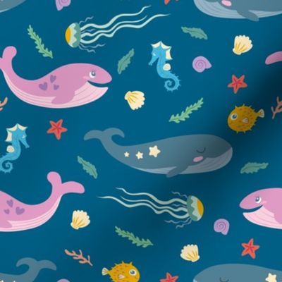 Marine life with whales, blue background