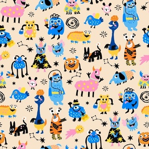 Alien monsters kids space pattern - blue, orange, pink, yellow, beige