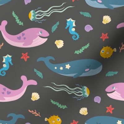 Marine life with whales, gray background