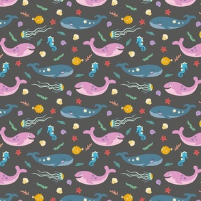 Marine life with whales, gray background