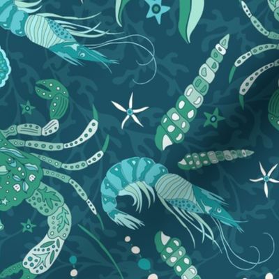 Sometimes It's OK to be Shellfish! Dark Teal Sea Green Damask with Coastal Crabs and Shrimps (Large)