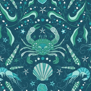 Sometimes It's OK to be Shellfish! Dark Teal Sea Green Damask with Coastal Crabs and Shrimps (Large)