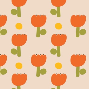 Mod Country Flowers and Dots in Khaki and Burnt Orange - Medium Scale