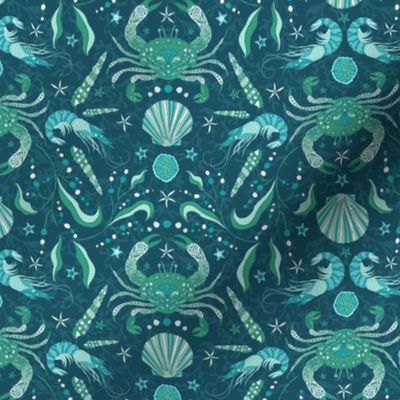 Sometimes It's OK to be Shellfish! Dark Teal Sea Green Damask with Coastal Crabs and Shrimps (Small/Med)