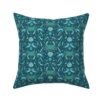 Sometimes It's OK to be Shellfish! Dark Teal Sea Green Damask with Coastal Crabs and Shrimps (Small/Med)