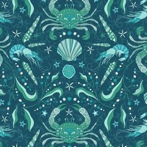 Sometimes It's OK to be Shellfish! Dark Teal Sea Green Damask with Coastal Crabs and Shrimps (Small/Med)