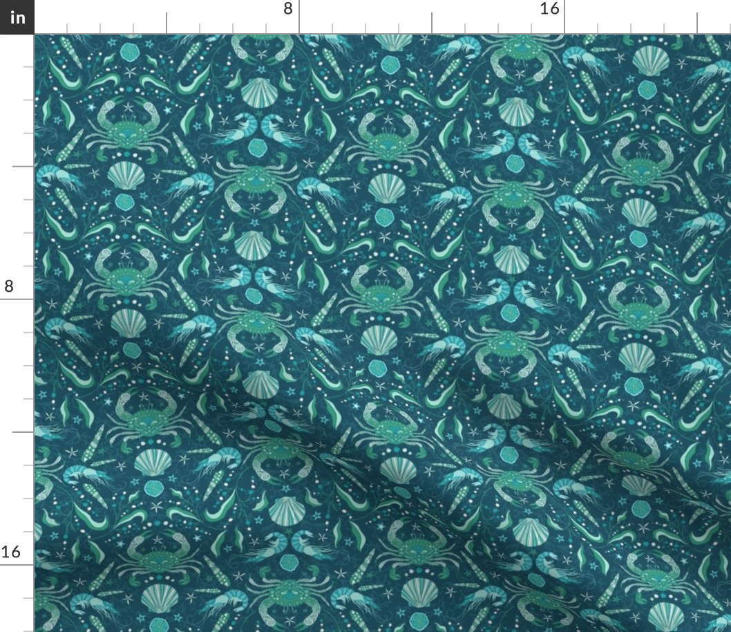 Sometimes It's OK to be Shellfish! Dark Teal Sea Green Damask with Coastal Crabs and Shrimps (Small/Med)