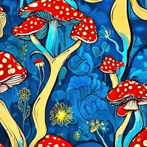 Red mushrooms with beige dots blue background XL