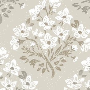 Welcoming Walls Sweet & Soft Bouquet _ taupe beige neutrals minimalist_Lino cut Block print _medium scale