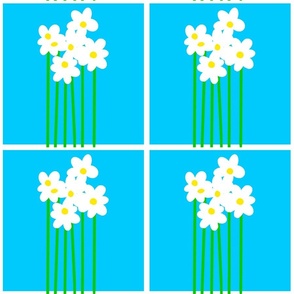 Tall Daisy Flowers Framed Mini Garden Rows White Blooms With Bright Yellow And Green Stems On Turquoise Retro Scandi Modern Pattern