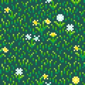 Green Pixel Art Grass and Dandelion Flowers - 8 Bit - Video Game Style - LARGE Print Version