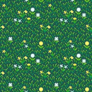 Green Pixel Art Grass and Dandelion Flowers - 8 Bit - Video Game Style - Small Print Version