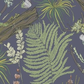 Moss and Fern Forest Medium Scale in Light Dusted Navy, Sage, Celadon Green, Chartreuse, Salmon Pink