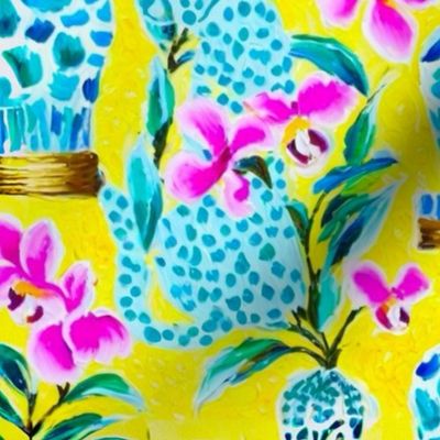 Preppy Blue cheetah and chinoiserie jars on yellow