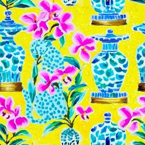 Preppy Blue cheetah and chinoiserie jars on yellow