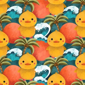 Cute Maximalist Yellow Duck Coastal Beach Pattern With Ocean Waves And Palm Trees