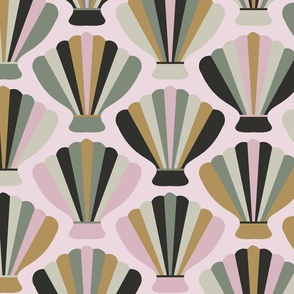 C003- Large scale Sea shells or Spanish fans  in pink, charcoal, grey and mustard-- for bold retro wallpaper, duvet covers, table linen and home decor. 