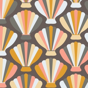 C003- Large scale Sea shells or Spanish fans in peach, coral, mustard, cream and grey - for bold retro wallpaper, duvet covers, table linen and home decor. 