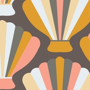 C003- Large scale Sea shells or Spanish fans in peach, coral, mustard, cream and grey - for bold retro wallpaper, duvet covers, table linen and home decor. 