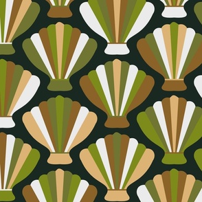 C003- Large  scale Sea shells bold retro graphic medium scale  shapes in earthy tones of seaweed green, conch brown and oyster cream - for wallpaper, pillows, bed linen, table linen and duvet covers